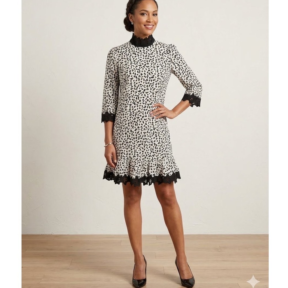 La Vie Rebecca Taylor Leopard Print Lace Trim Mini Dress Black White XS Baddie